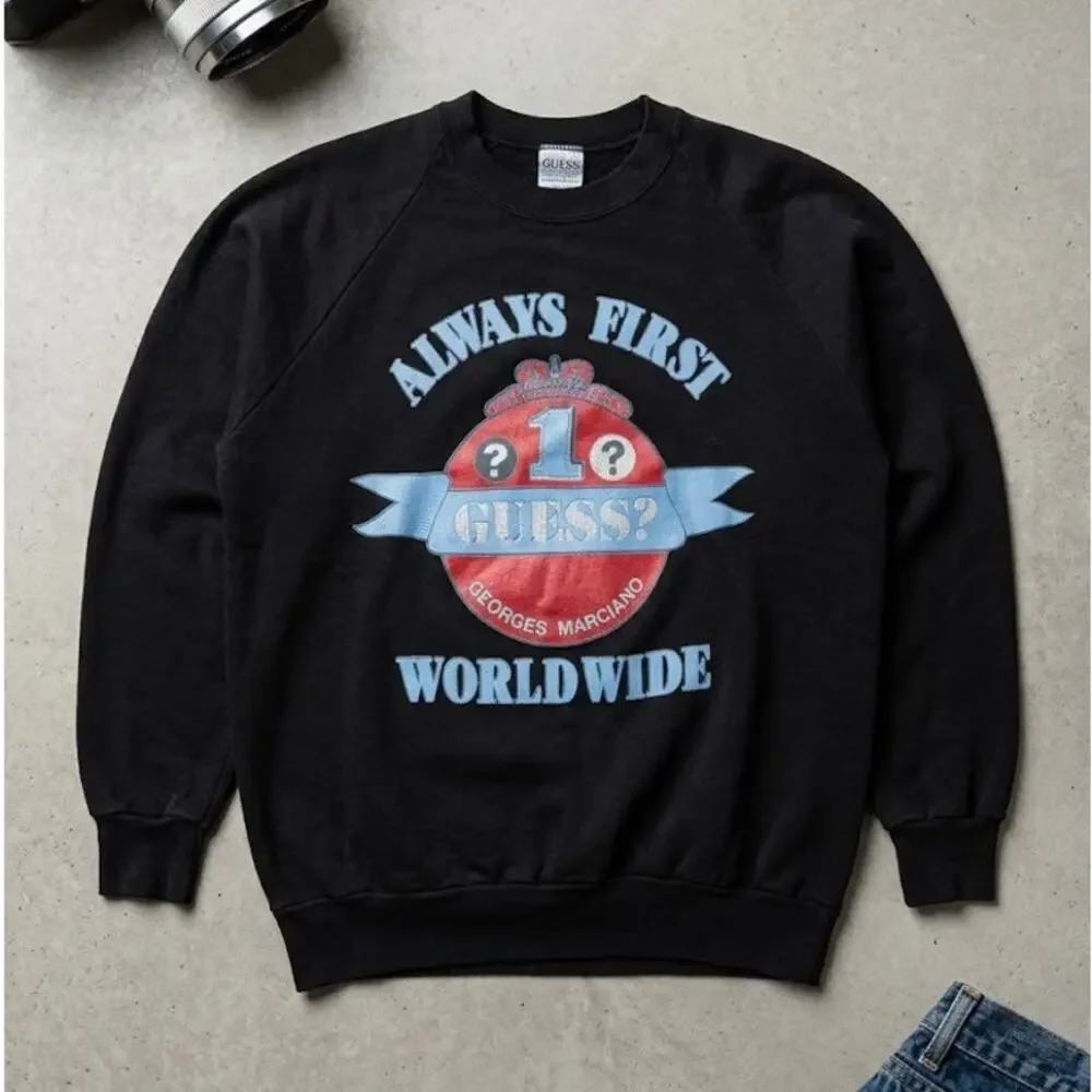 Vintage 90s Guess Georges Marciano Sweatshirt Large Black Made in USA Big Logo